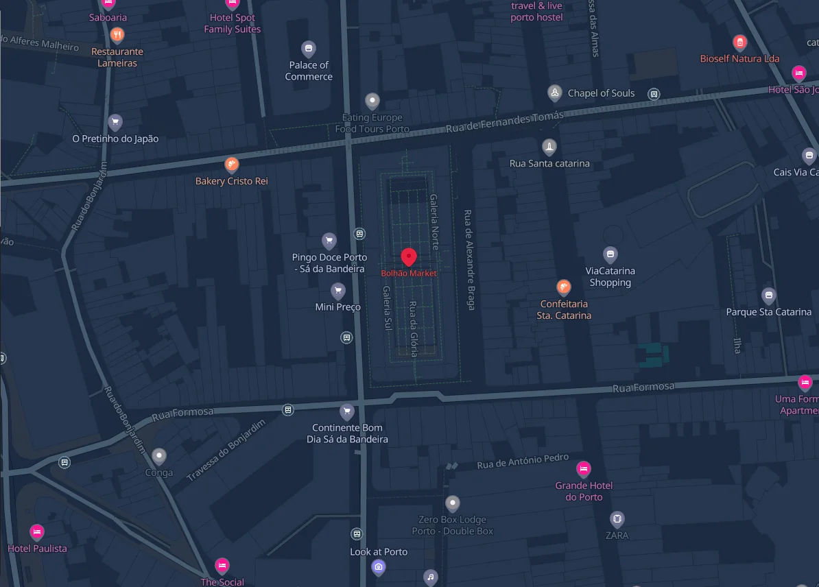 Mapa da localização do Mercado do Bolhão no centro do Porto
